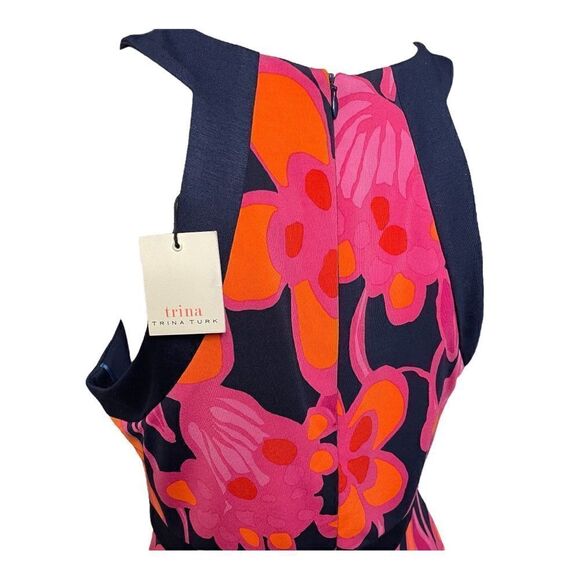 NEW Trina Turk Halter Dress A Line Pink Orange Navy Floral Knee Length Womens 8 - Picture 4 of 7